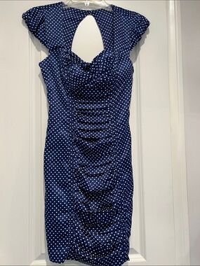 Beautiful Guess Navy and White Polka Dot Ruched Midi Dress